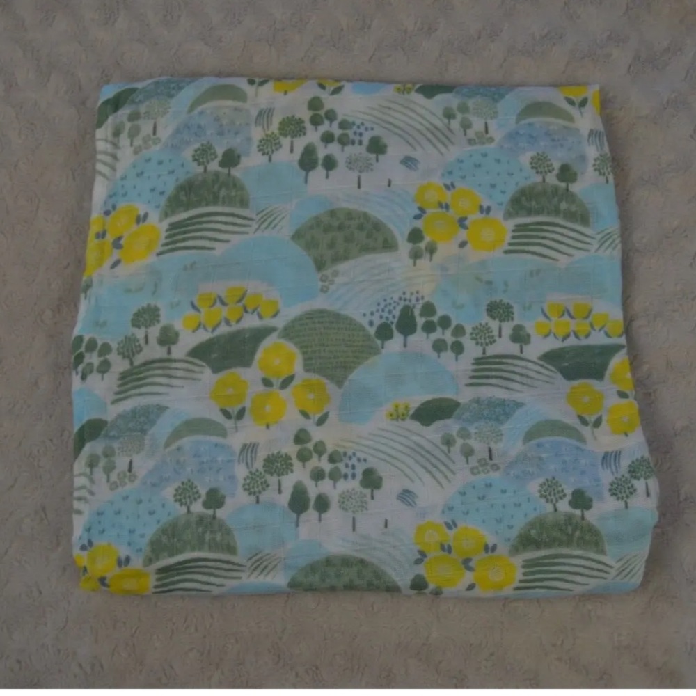 Angel Dear Baby Swaddle Blanket Trees Hill Print Green Yellow Blue Bamboo Blend